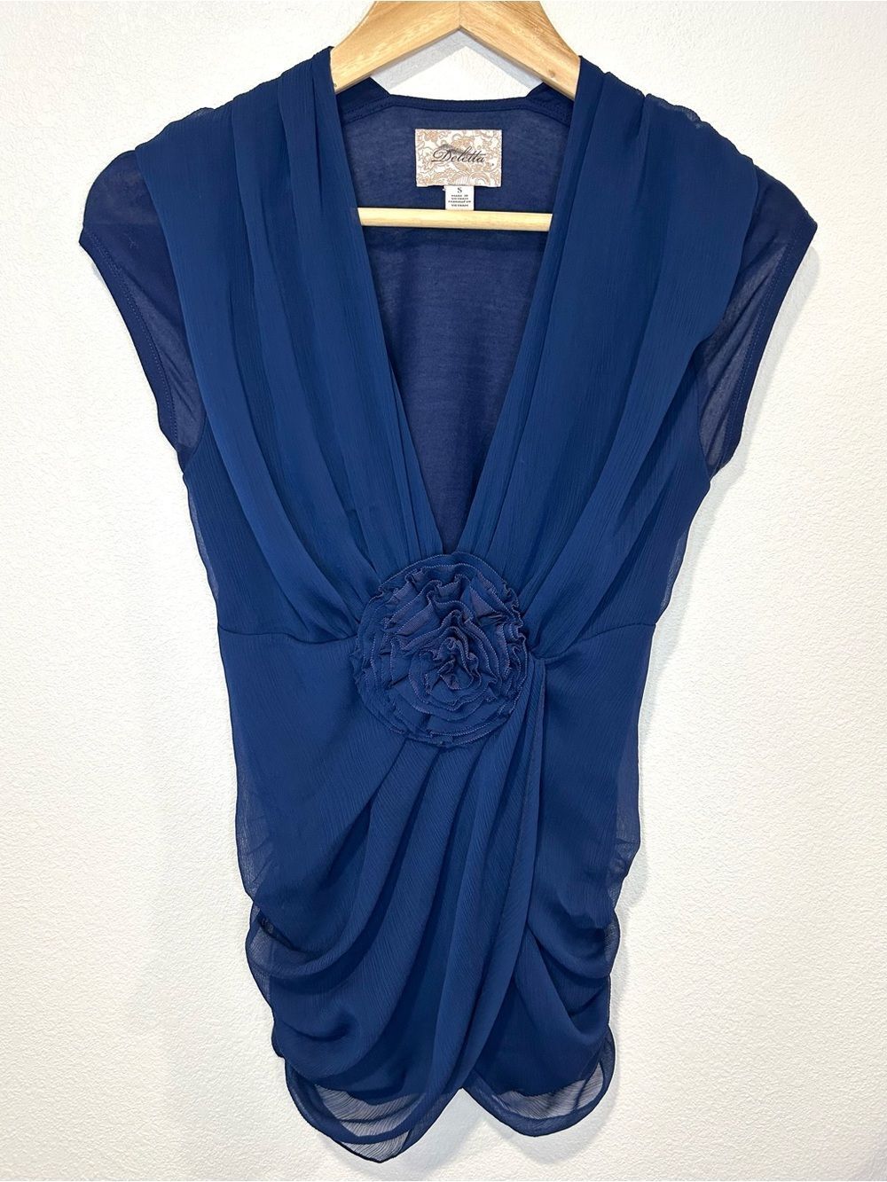 Anthropologie Deletta NAVY Chiffon Rosette Sleeveless Top Romantic Retro Size S